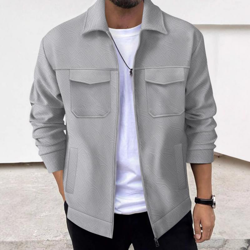 Men's Casual Solid Color Jacquard Pocket Lapel Zipper Jacket 70123669Y