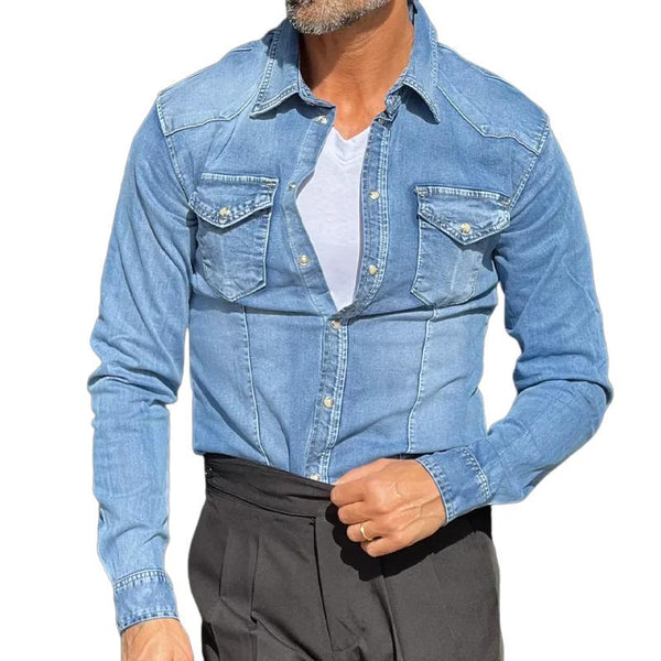 Men's Vintage Lapel Long Sleeve Breast Pocket Denim Shirt 44486307Z