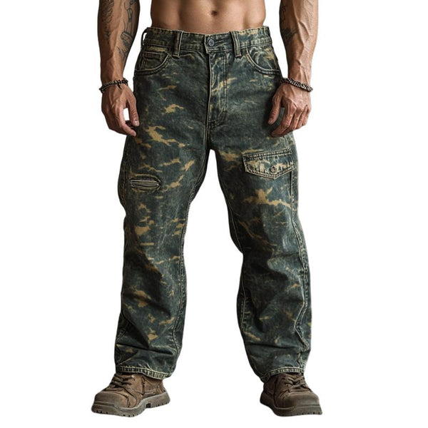 Men's Vintage Camouflage Print Ripped Jeans 53618483Y