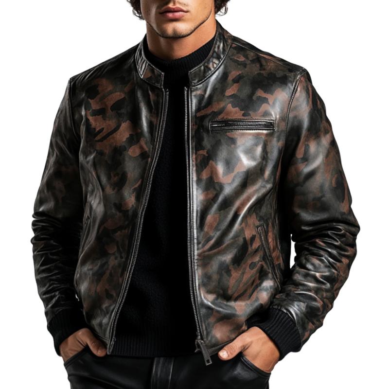 Men's Casual Stand Collar Camouflage Zipper Leather Jacket 39896006F