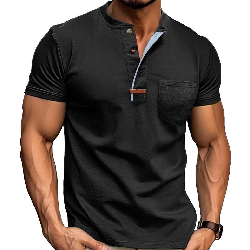 Men's Casual Cotton Colorblock Henley Collar Slim Fit Short Sleeve T-Shirt 51632378M