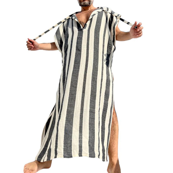 Men's Vintage Casual Striped Cotton and Linen Greek Robe 99569885TO