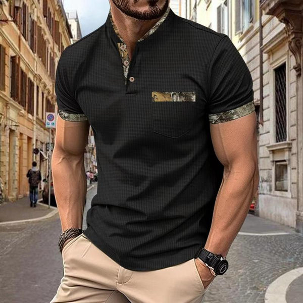 Men's Casual Colorblock Stand Collar Button Slim Fit Short Sleeve T-shirt 72559752M