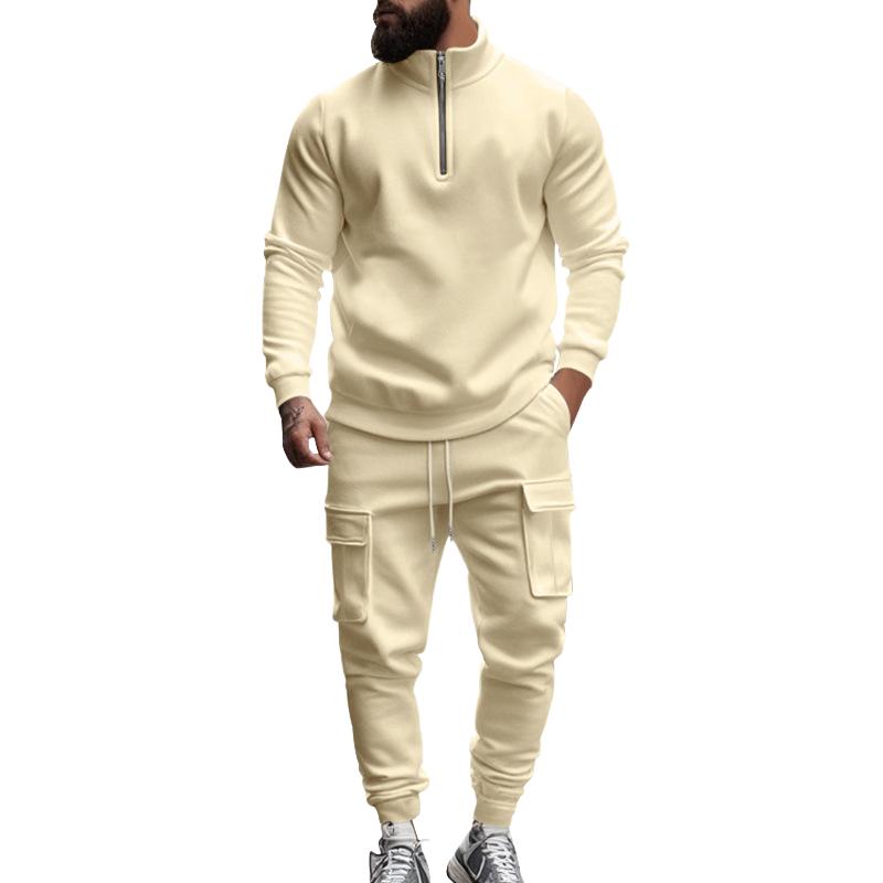 Men's Solid Color Casual Plush Warm Zipper Stand Collar Sweatshirt Sweatpants Set 08038864Y