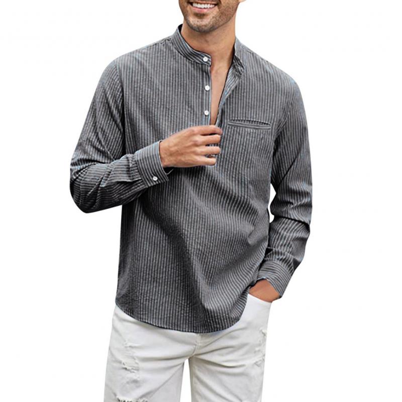 Men's Striped Henley Collar Long Sleeve Shirt 69315461Z