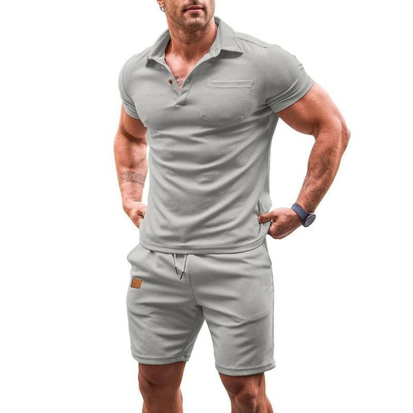 Men's Solid Waffle Lapel Short Sleeve Polo Shirt Shorts Casual Set 35907021Z