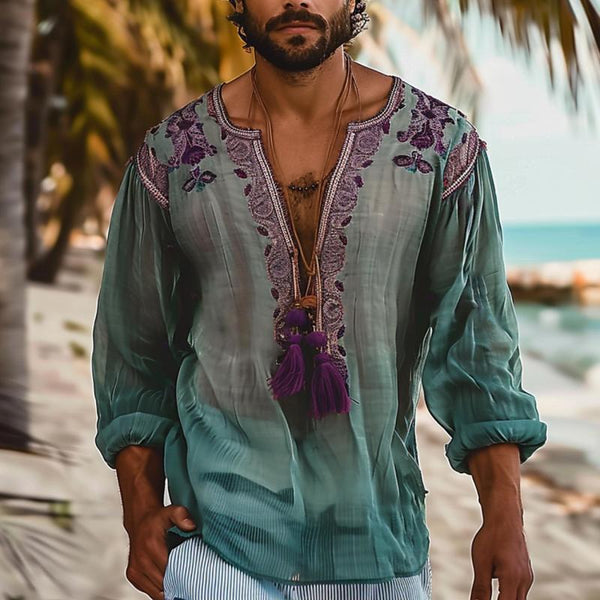 Men's Ethnic Style Loose V Neck Long Sleeve Shirt 57207048Z