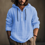 Men's Casual Solid Color Cotton Linen Hooded Long Sleeve Pullover Shirt 13517489M