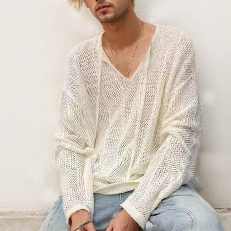 Men's Solid Color Lace-up V Neck Long Sleeve Knit Sweater 41259235Z