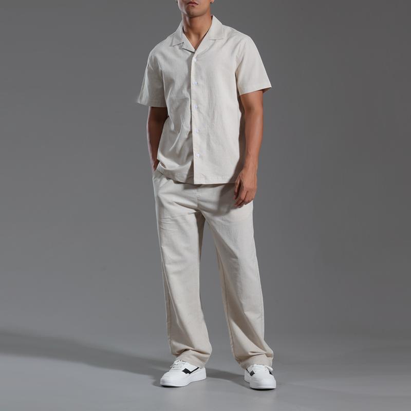 Men's Solid Cotton And Linen Lapel Short Sleeve Shirt Trousers Casual Set 16940390Z