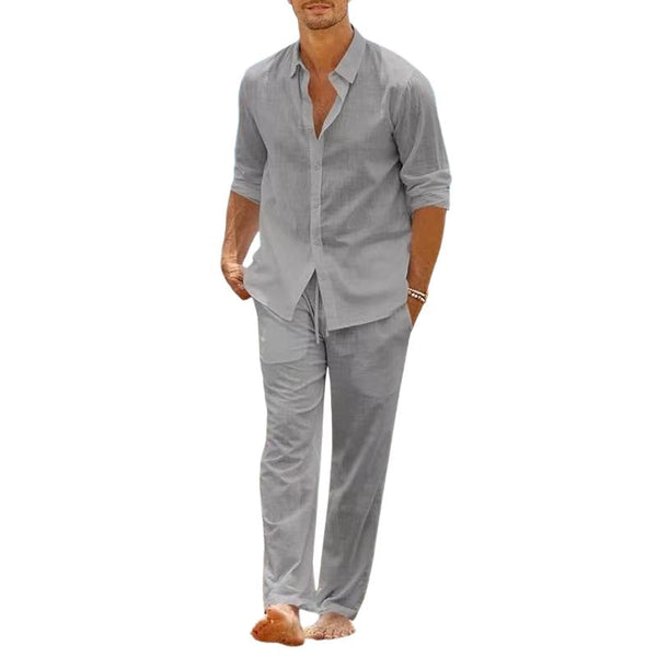 Men's Solid Lapel Long Sleeve Shirt Elastic Waist Trousers Casual Set 80477436Z