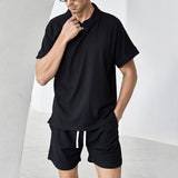 Men's Solid Waffle Stand Collar Short Sleeve T-shirt Shorts Casual Set 48715990Z