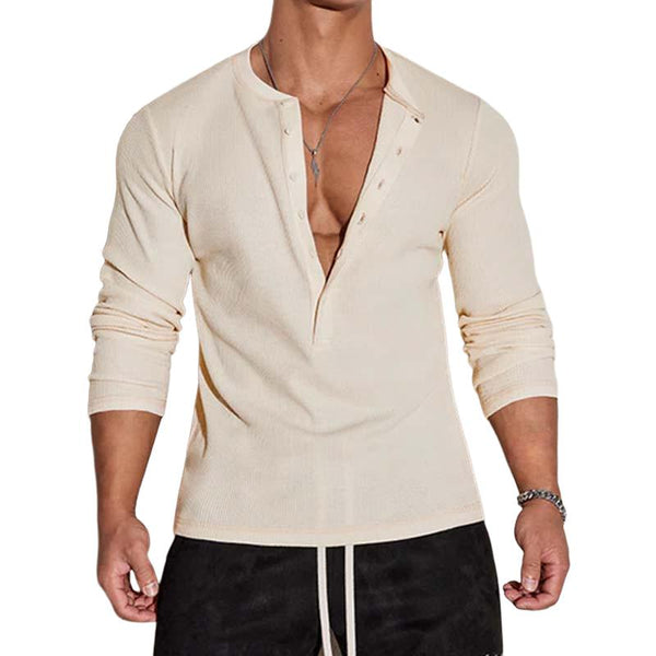 Men's Classic Casual Multi-button V-neck Slim Long-sleeved T-shirt 61256362K