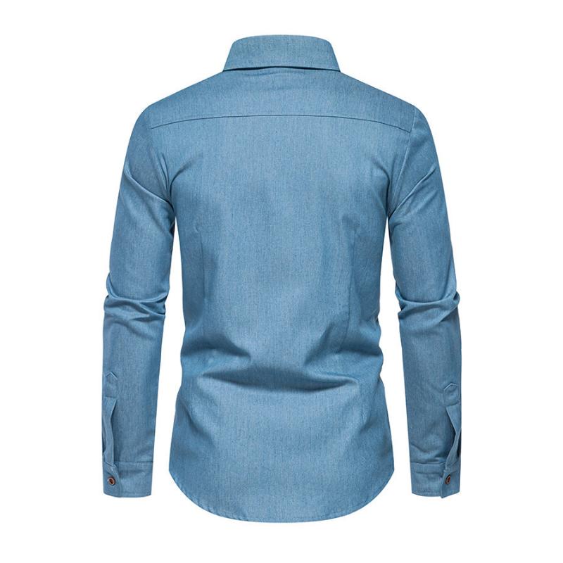 Men's Vintage Lapel Flap Pocket Slim Fit Single Breasted Denim Long Sleeve Shirt 46084071M