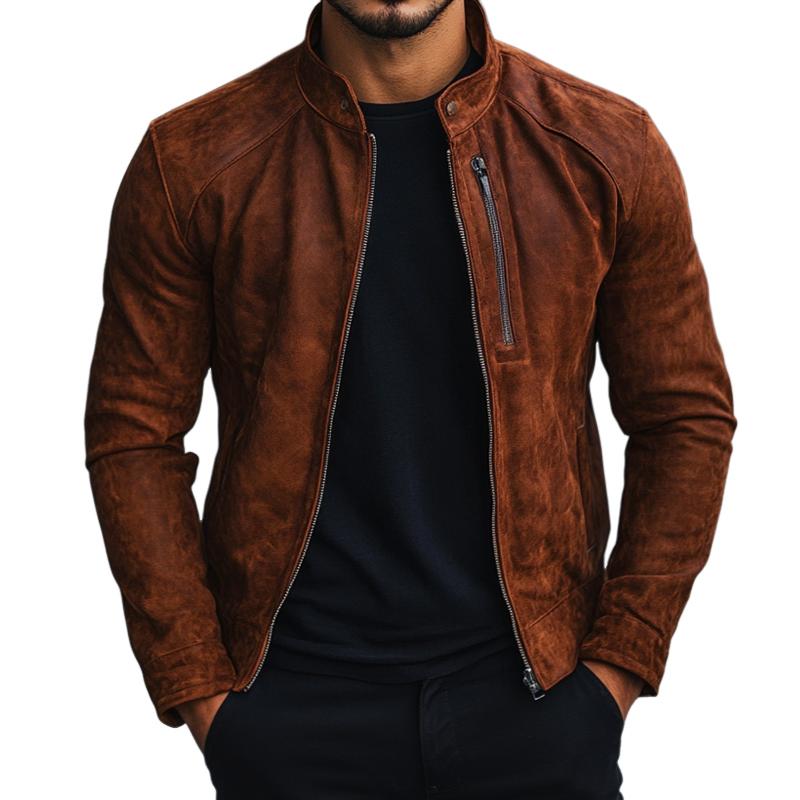 Men's Solid Color Suede Stand Collar Zipper Jacket 21868101Z