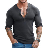 Men's Casual Solid Color Henley Collar Slim Fit Long Sleeve T-Shirt 33317439M