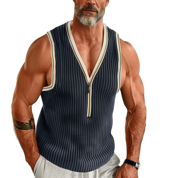 Men's Colorblock Pit Article Fabrics Zipper V-Neck Slim Fit Sleeveless Tank Top 04571898Y