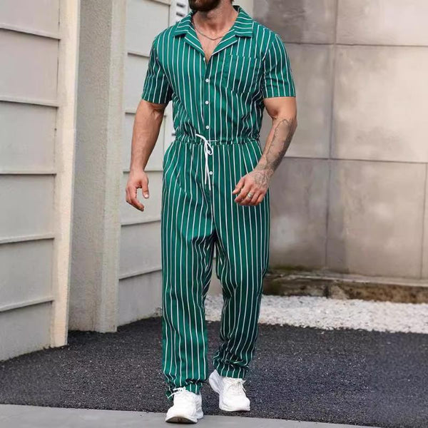 Men's Retro Casual Striped Short Sleeve Jumpsuit 19897248TO