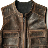 Men's Vintage Distressed Leather Round Collar Zipper Slim Vest 49741878M