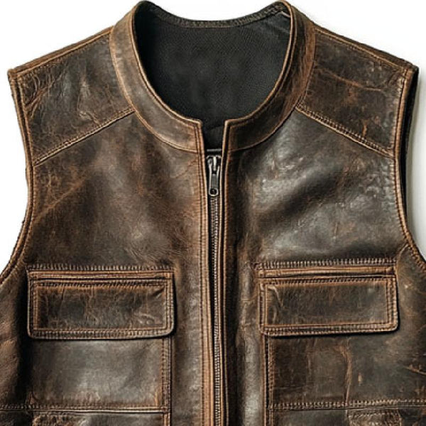 Men's Vintage Distressed Leather Round Collar Zipper Slim Vest 49741878M