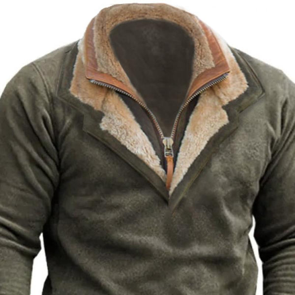 Men's Solid Color Zipper Fur Collar Long Sleeve Sweatshirt 00804539Y