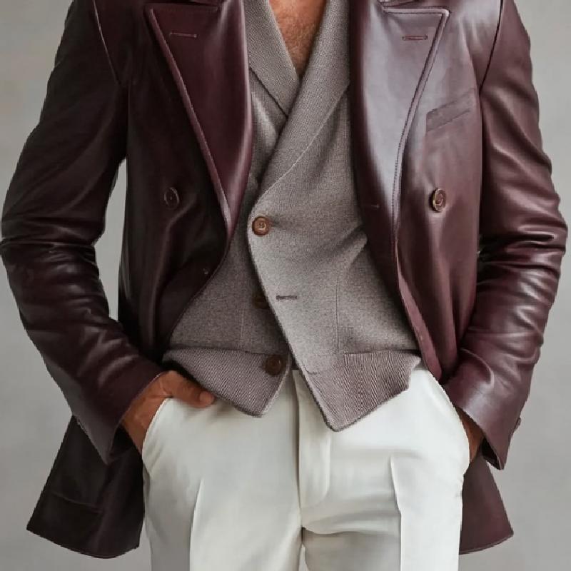 Men's Vintage Lapel Double Breasted Leather Blazer 24674088Y