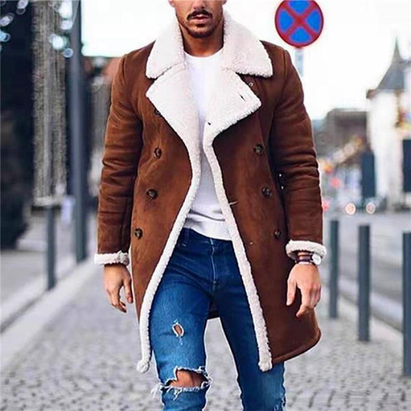 Men's Vintage Suede Polar Fleece Warm Notch Lapel Double Breasted Coat 41965042M