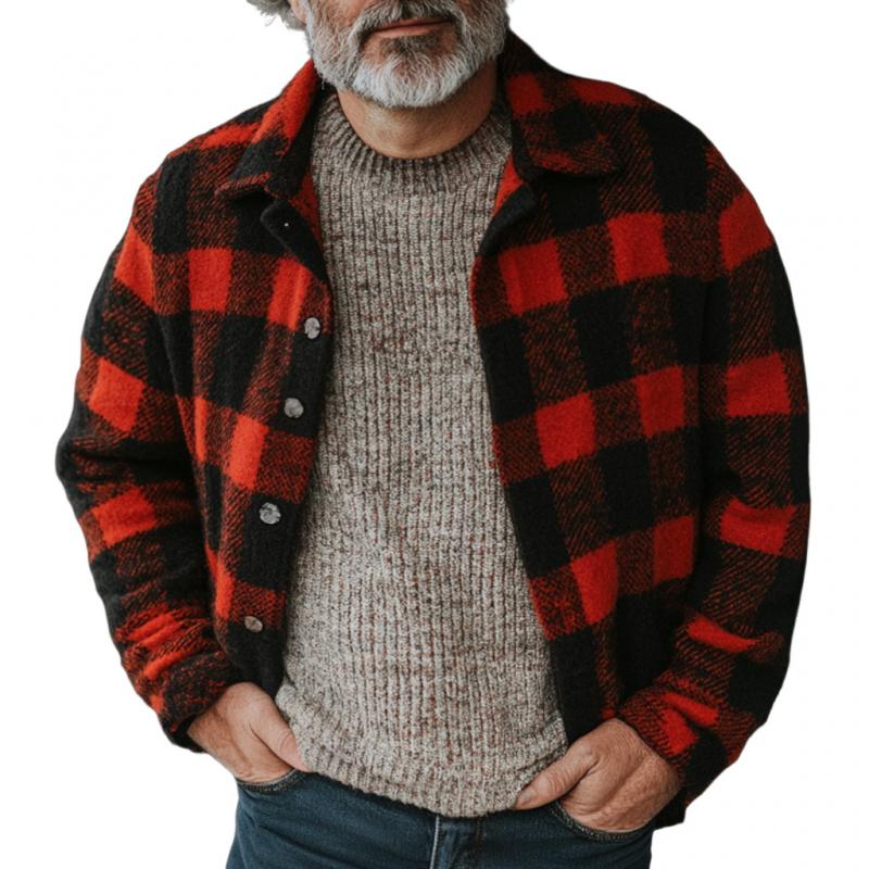 Men's Casual Plaid Woolen Loose Long-sleeved Shirt 16031351M