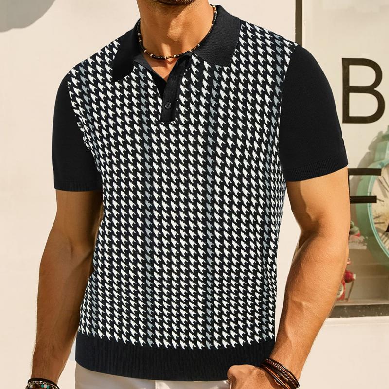 Men's Vintage Houndstooth Jacquard Cool Silk Knit Short Sleeve Polo Shirt 98615184M