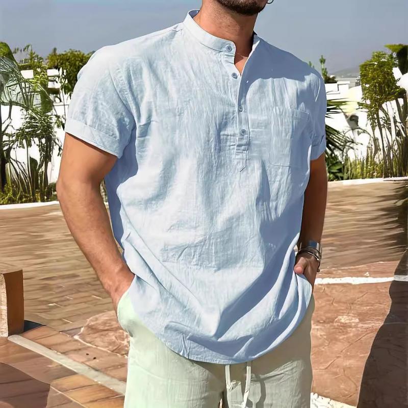 Men's Casual Cotton Linen Stand Collar Patch Pocket Short Sleeve Shirt 22155118M