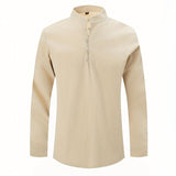 Men's Solid Cotton And Linen Henley Collar Long Sleeve Casual Shirt 47763988Z