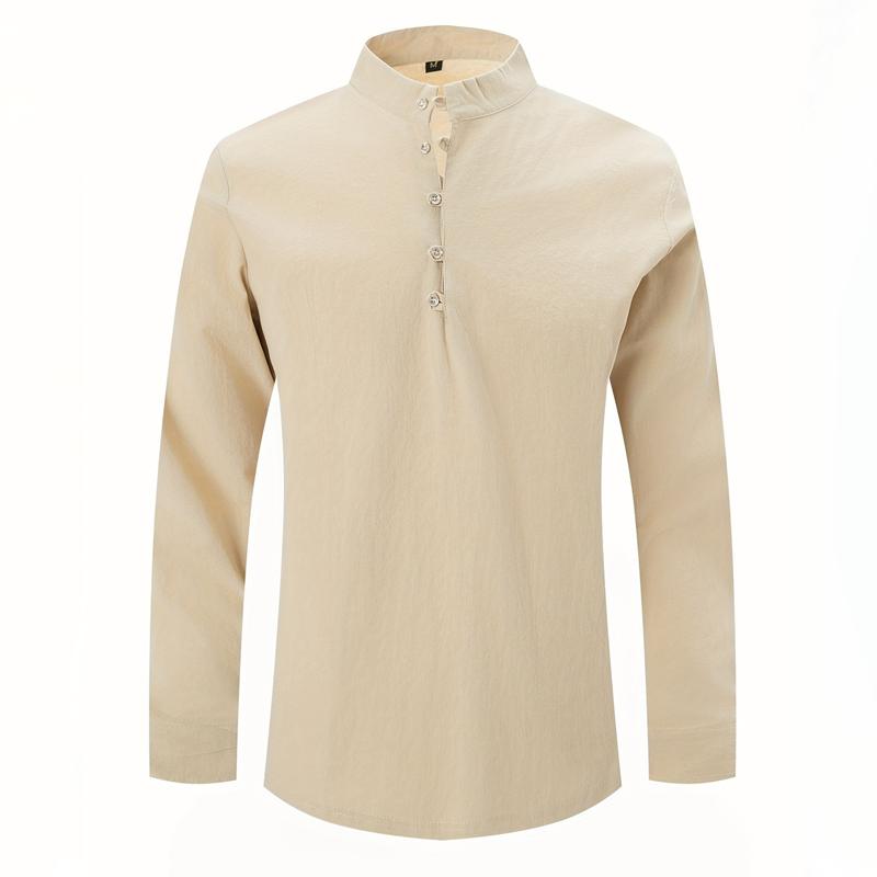 Men's Solid Cotton And Linen Henley Collar Long Sleeve Casual Shirt 47763988Z