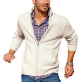 Men's Stand Collar Zipper Striped Knit Cardigan 01910471U