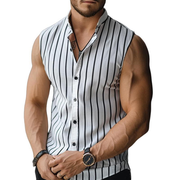 Men's Stripe Print Stand Collar Sleeveless Shirt 88790431Y