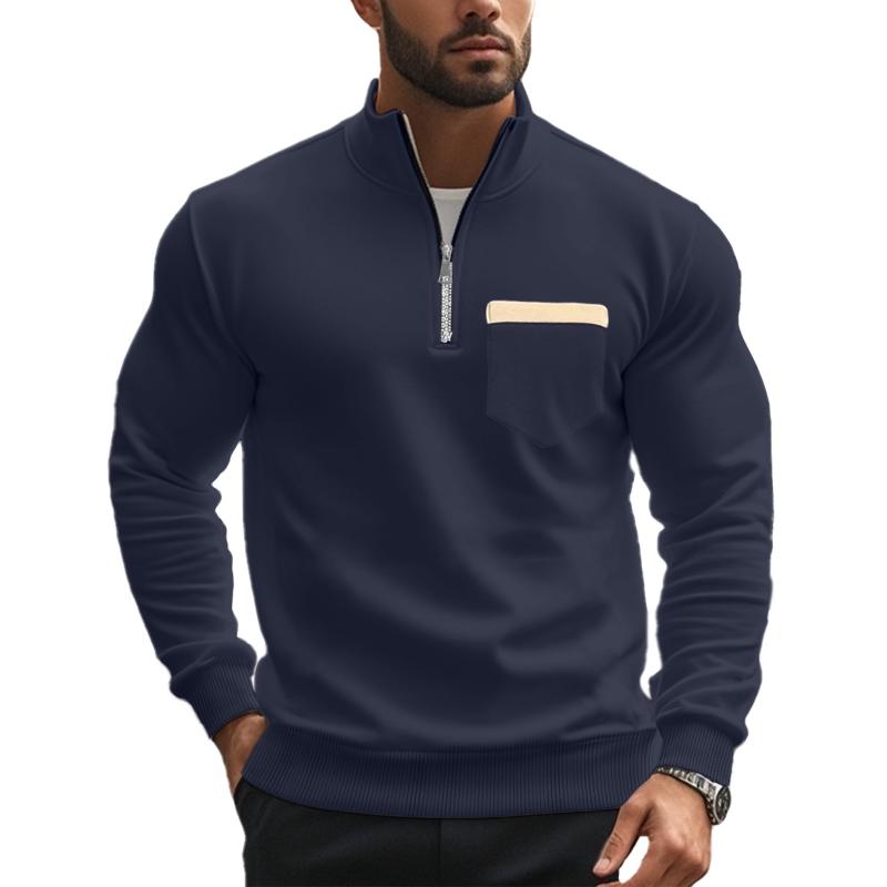 Sweat-shirt décontracté à col montant et fermeture éclair pour homme, couleur unie 21133783X