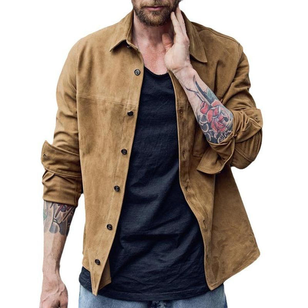 Men's Vintage Suede Lapel Loose Long Sleeve Shirt 99340536M