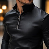 Men's Classic Casual Knitted Stand Collar Zipper Leather Long Sleeve Polo Shirt 03559024K