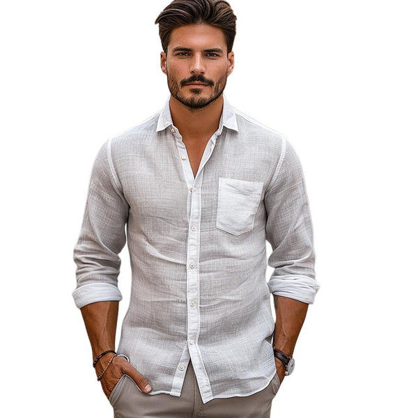 Men's Solid Color Linen Lapel Long Sleeve Shirt 92452780X