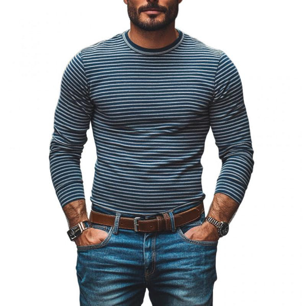 Men's Casual Cotton Blended Round Neck Striped Slim Fit Long Sleeve T-Shirt 38766765M