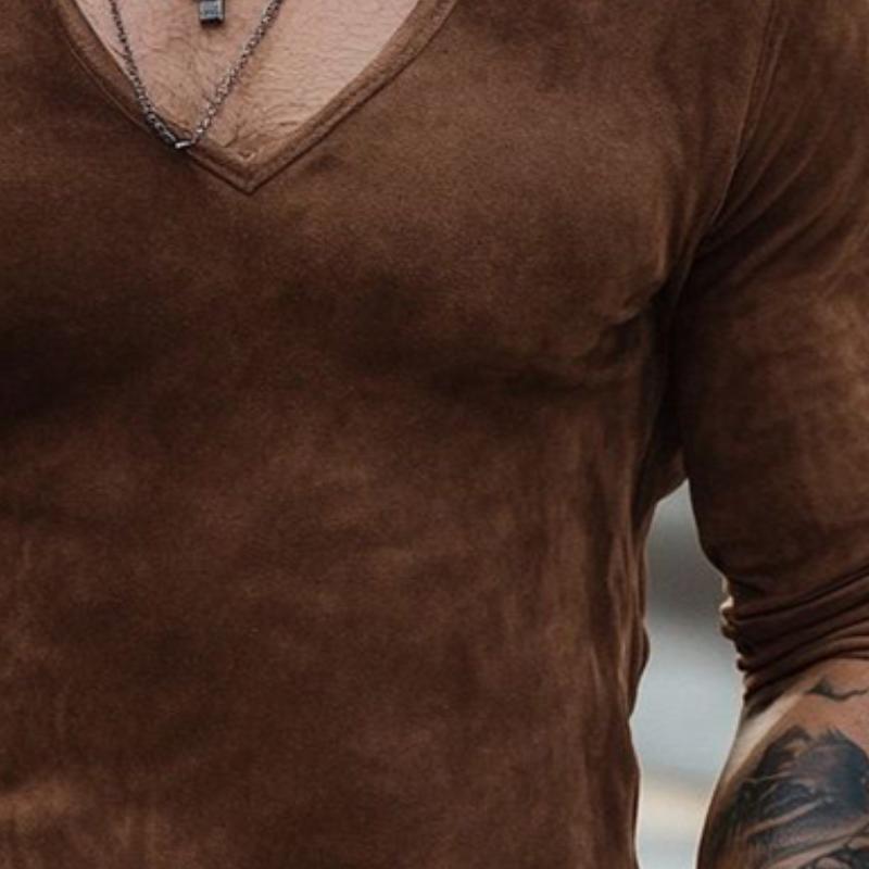 Men's Fashion Suede Slim Fit V Neck Long Sleeve T-Shirt 29648945Y