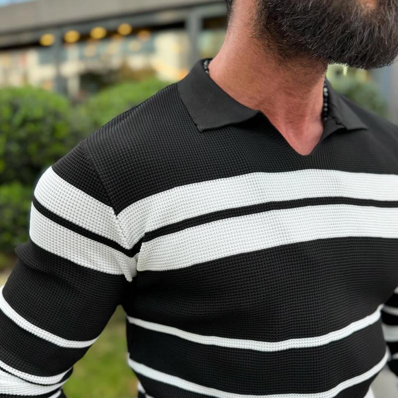 Men's Fashion Colorblock Striped Lapel Long Sleeve Knit Polo Shirt 83709928Z