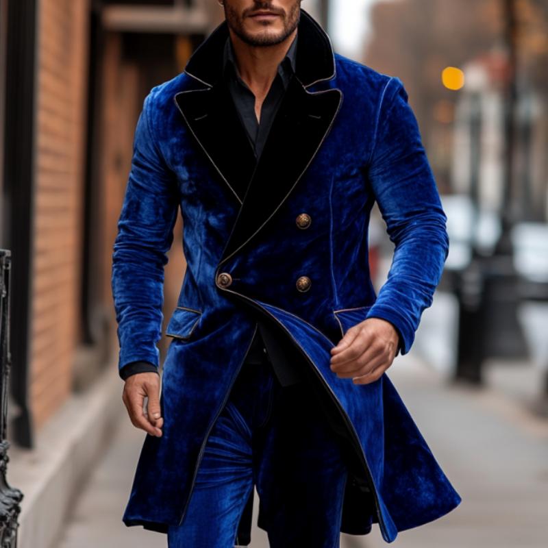 Men's Vintage Velvet Colorblock Trim Double-breasted Slim Fit Mid-length Coat 50331976M