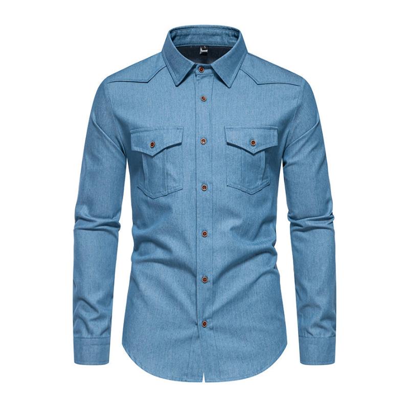 Men's Vintage Lapel Flap Pocket Slim Fit Single Breasted Denim Long Sleeve Shirt 46084071M