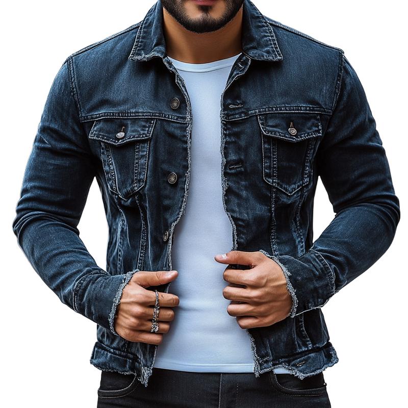 Men's Fashion Distressed Brushed Lapel Single Breasted Denim Casual Jacket 29680727Z