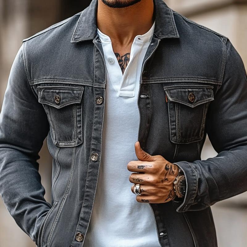 Men's Fashion Lapel Chest Pocket Single Breasted Denim Jacket 81942737Z