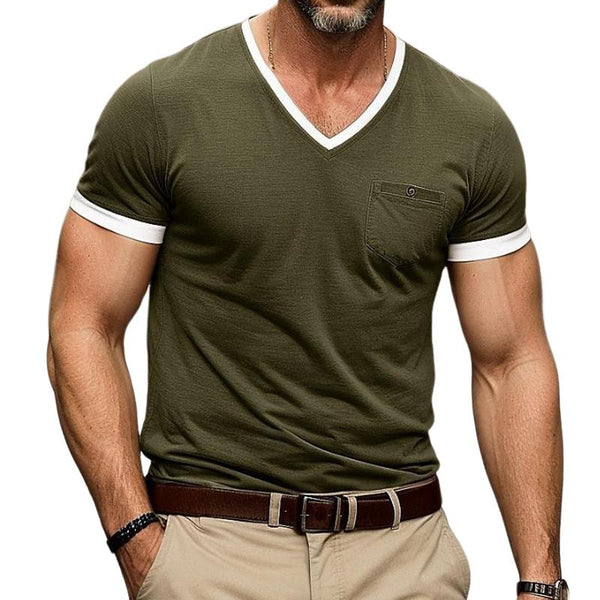 Men's Colorblock V-Neck Chest Pocket Short Sleeve T-Shirt 56144833Y