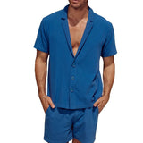 Men's Solid Loose Notch Lapel Short Sleeve Shirt Shorts Casual Set 84575230Z