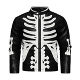 Men's Stylish Contrast Color Skull Embroidered Stand Collar Motorcycle Leather Jacket 86202456M