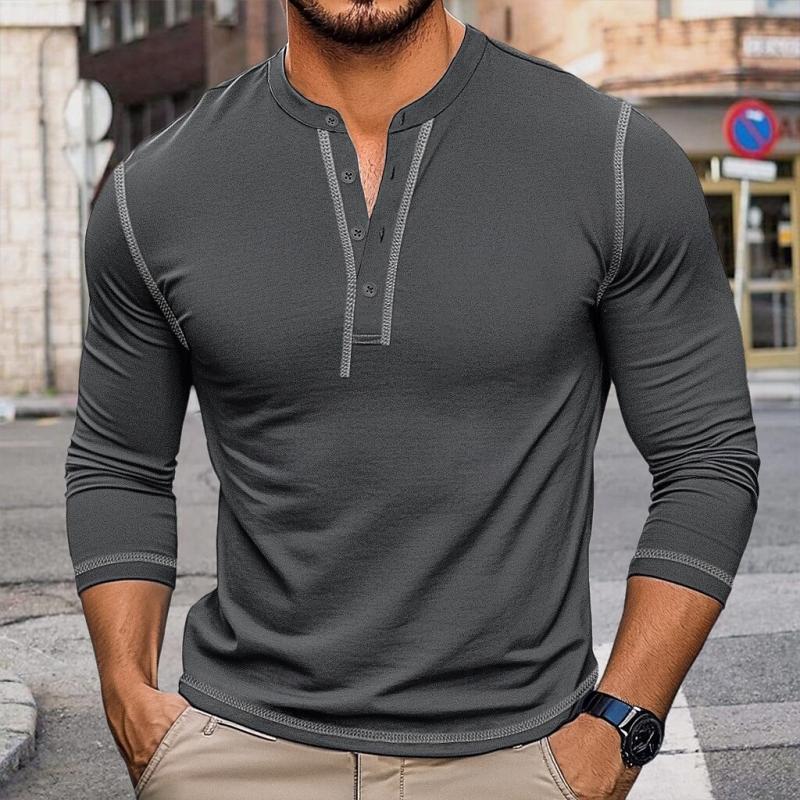 Men's Retro Contrast Color Button Crew Neck Slim FitLong Sleeve T-Shirt 01368832Y