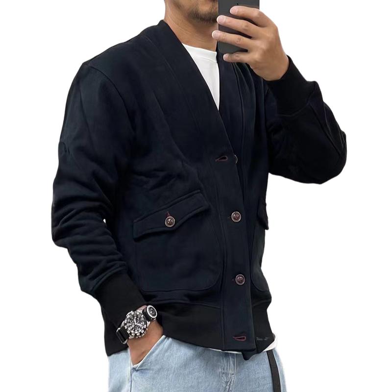 Men's Casual Fleece V-neck Single-breasted Large Pocket Loose Jacket 93792830M